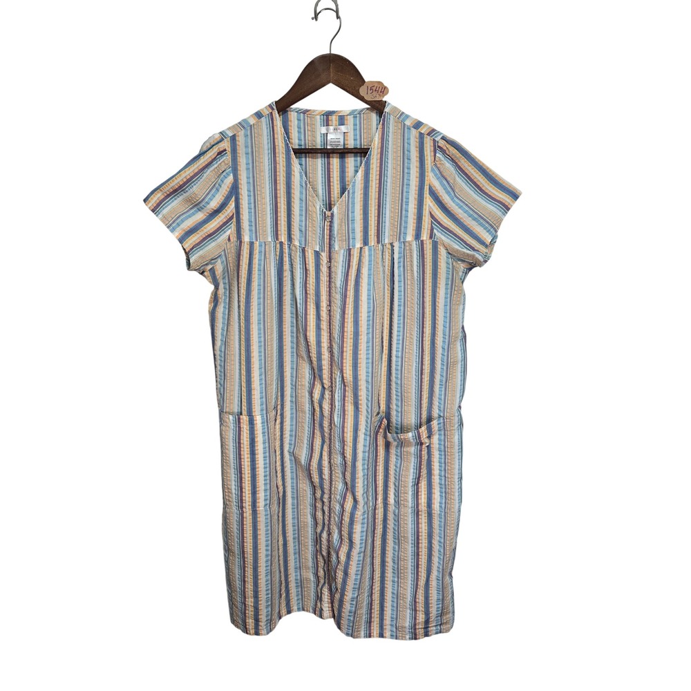 Pink K Womens Seersucker House Dress Multi Color Striped Button Front Pockets M